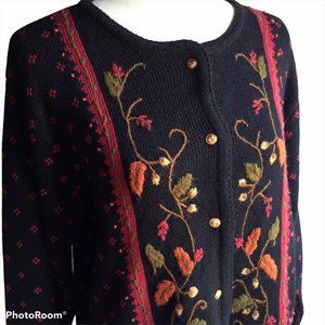 Vtg Crystal-Kobe Fall Cardigan Sweater Sz M Embroidered Floral Cottagecore